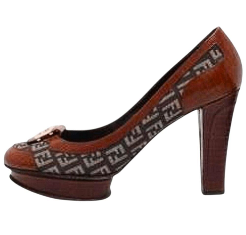 FENDI Zucca FF Leather Logo Platform Pumps Size 38